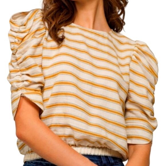 Anthro Moon River Linen Puffed Sleeve Top Crop Elastic Waist Yellow Stripe L - Picture 1 of 14